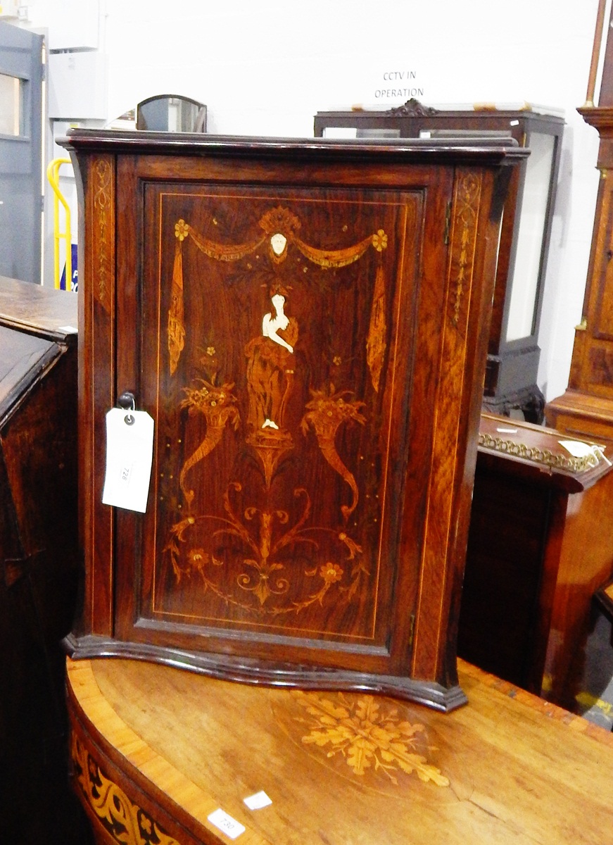 Edwardian rosewood corner cupboard with inlaid classical scene panel door, enclosing shelf,