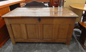 18th century oak coffer with two plank top, iron strap hinges,