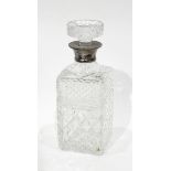 20th century square cut glass decanter with silver flared rim neck, London 1970,
