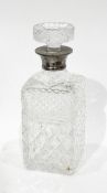 20th century square cut glass decanter with silver flared rim neck, London 1970,