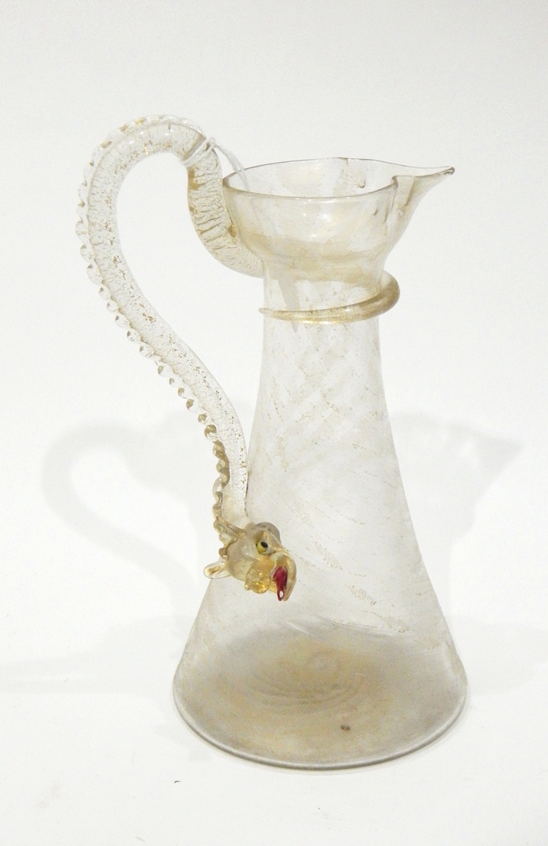 Venetian glass jug with gold decoration, the handle modelled as a dragon, a copper glass comport, - Image 5 of 5