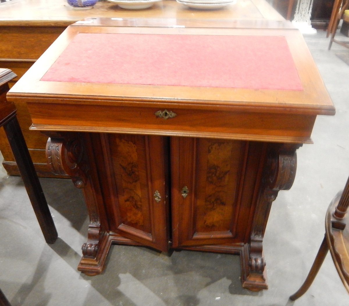 19th century walnut davenport with gallery border, red baize insert, lift-up writing flap,