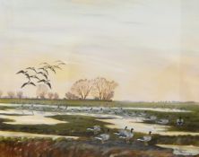 Mackenzie Thorpe (Kenzi The Wild Goose Man) (1908-1976) Oil on canvas Geese in a flooded meadow,