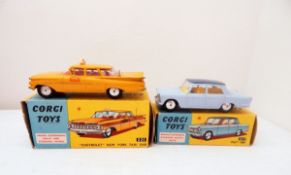 Corgi Chevrolet Impala 221 New York Taxi Cab, boxed together with Corgi Fiat 1800 217,