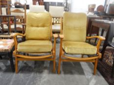 Pair of armchairs with gold dralon loose cushion seats