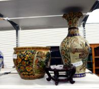 Modern Chinese jardiniere decorated with figures in a garden, with birds and foliate decoration,
