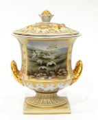 Royal Stone China Rosselle ware lidded urn with panels of game birds and chinoiserie decoration to