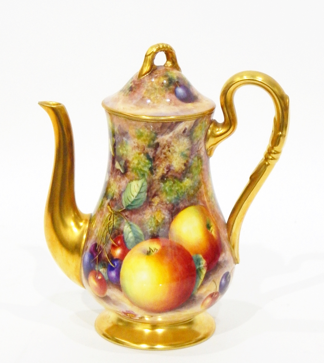 Mid 20th century Royal Worcester porcelain baluster-shaped coffee pot with gilt moulded handle,