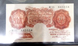 Two Bank of England 10s notes (1950-55) signed by P S Beale, threaded, both EF,