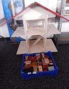 Wooden open plan doll's house with doll's furniture (all play worn)