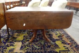 19th century mahogany breakfast table, rectangular, on ring turned column, outswept supports,
