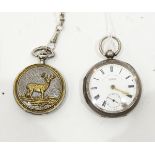 Silver cased open-faced pocket watch with enamel dial and subsidiary seconds hand,