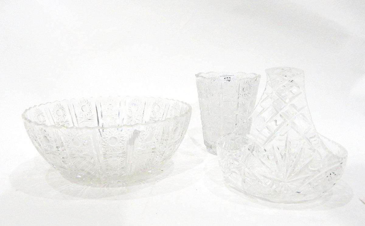 Cut glass vase of tapering design, a large cut glass fruit bowl,