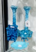 Pair of Victorian Sowerby blue slag pressed glass candlesticks of column form decorated with