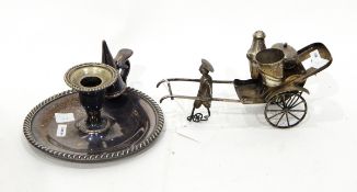 White metal novelty condiment set modelled as a rickshaw and a silver plated chamberstick