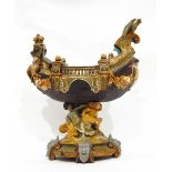 Wilhelm Schiller & Sohn majolica pedestal centrepiece of boat-shaped form surmounted by eagle and
