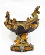 Wilhelm Schiller & Sohn majolica pedestal centrepiece of boat-shaped form surmounted by eagle and