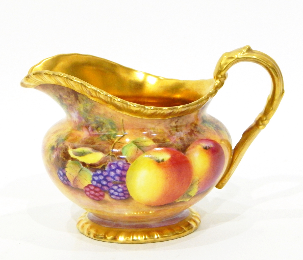 20th century Royal Worcester china jug of oblate baluster form with gilt handle and gadrooned rim - Image 5 of 7