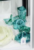 Five pieces of Victorian Sowerby green slag pressed glass items comprising three baskets,