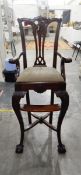 Chippendale-style mahogany child's high chair with upholstered seat, foot ledge,