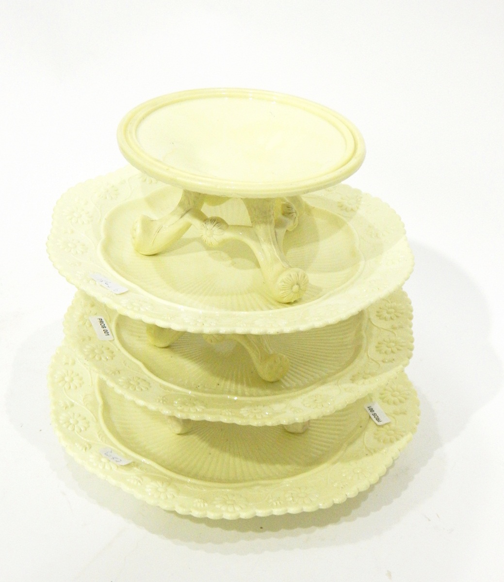 Sowerby opaque cream pressed glass part dessert set comprising three plates with moulded daisy