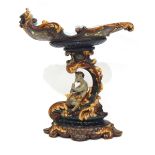 Wilhelm Schiller & Sohn majolica centrepiece with shell-shaped top over S-scroll support mounted by