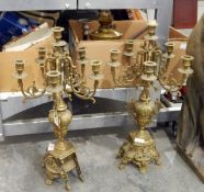 Pair of brass candelabra of classical design with central sconce supporting five scroll arms,