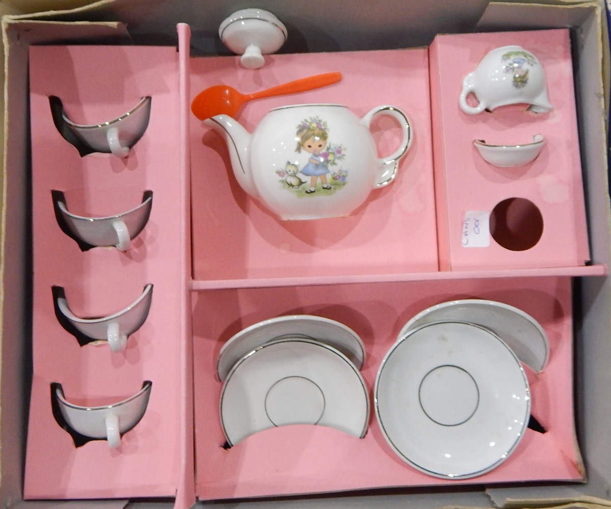 Boxed child's teaset, three teddy bears, two Action Man figures, two small dolls,