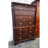 George III oak chest on chest with dentil cornice,