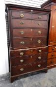 George III oak chest on chest with dentil cornice,