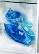 Victorian blue marbled pressed glass model of a boat, two blue vaseline glass models of boats,