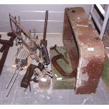 Clamp, gas lamps, a large metal basin, two metal tool kits, wooden plane, etc.