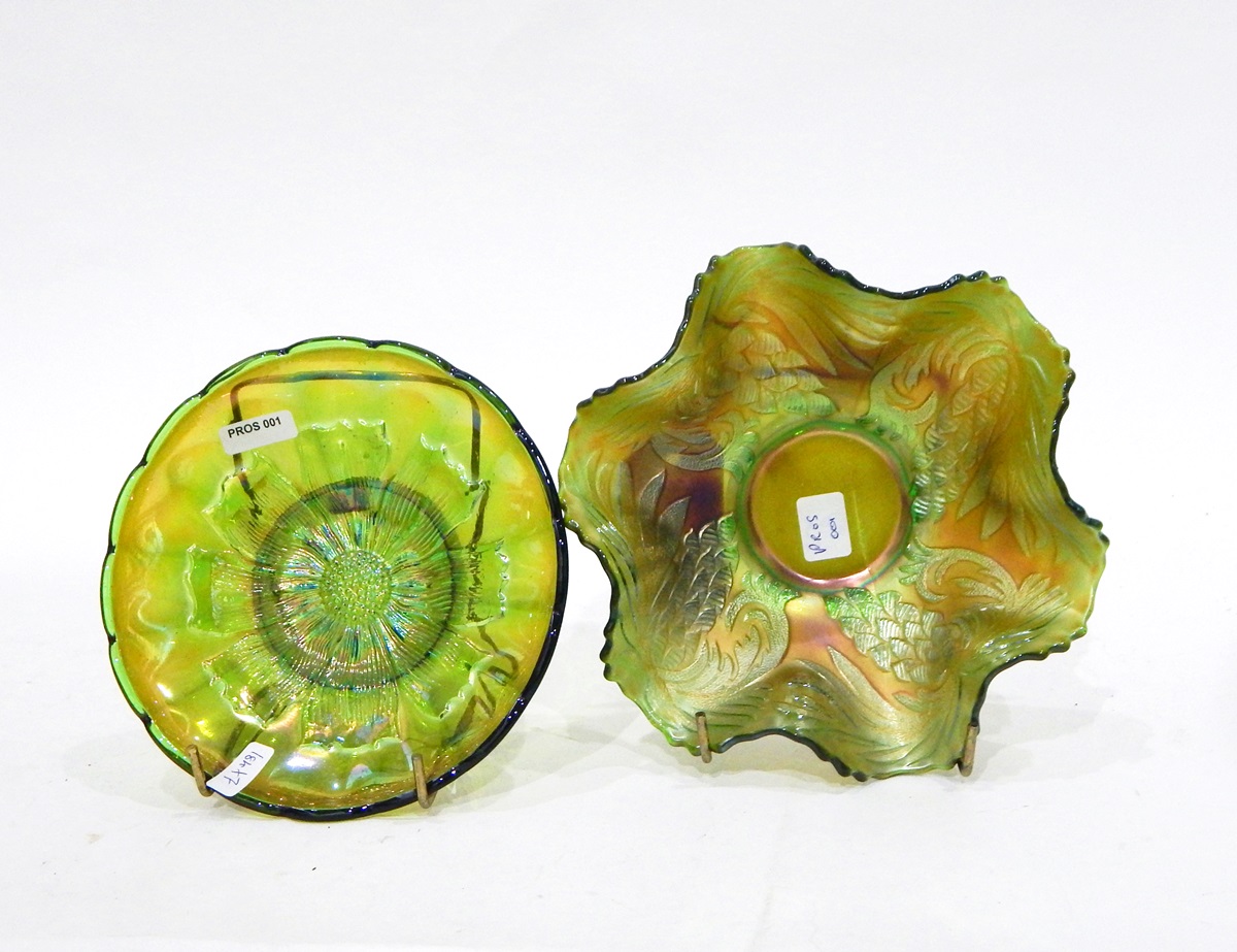 Northwood green carnival glass bowl with wavy rim decorated in the 'Wild Strawberry' pattern, - Image 2 of 4