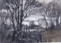 Norman James Battershill (1922) Charcoal "Evening", looking through trees to a building,