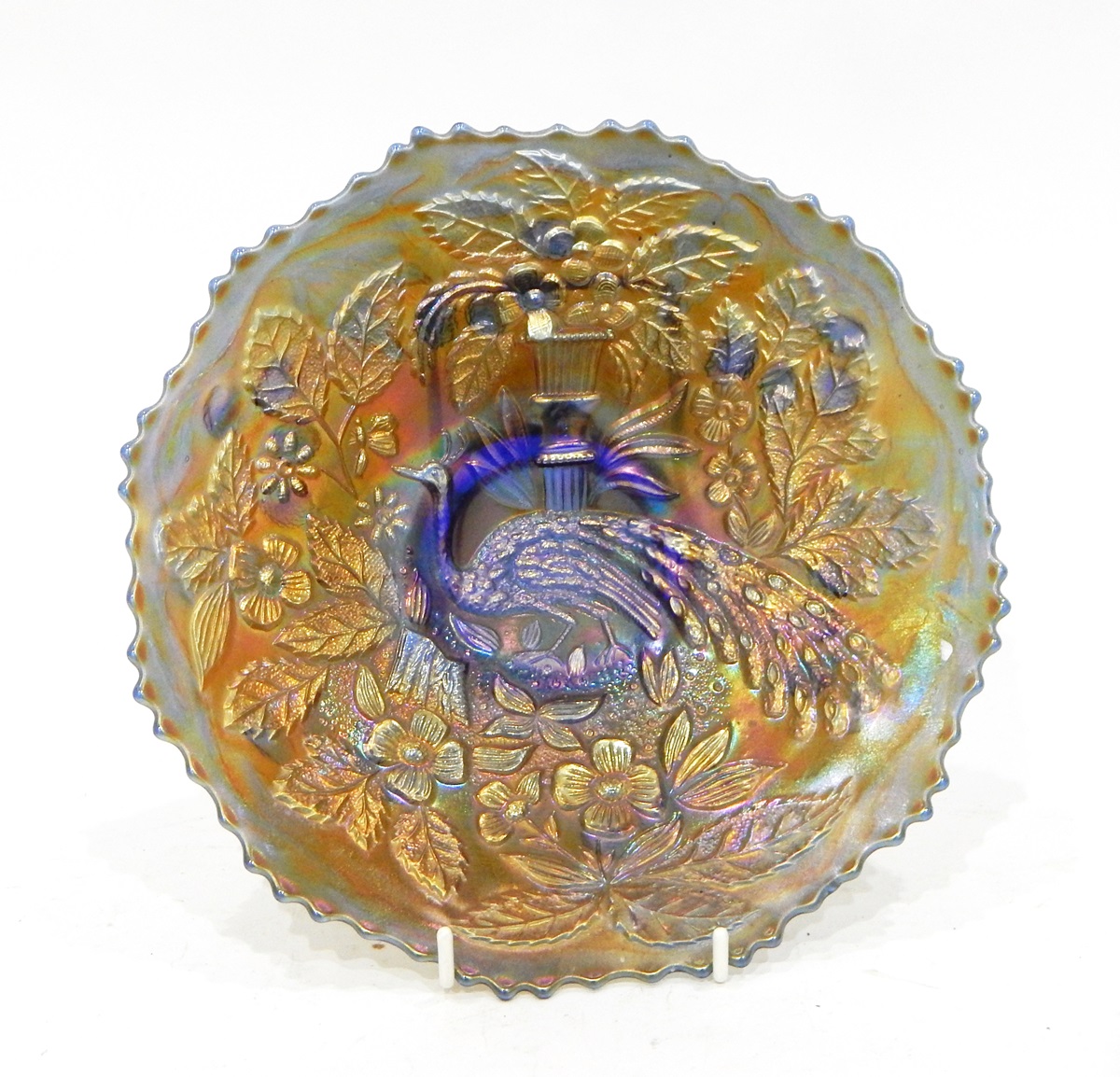 Three carnival glass dishes by Fenton, decorated with the 'Peacock and Urn' pattern (one amethyst, - Image 3 of 7
