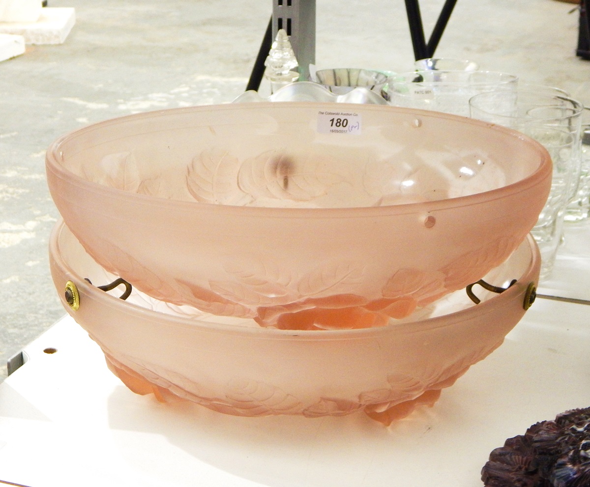 Pair of pink frosted glass plafonnier ceiling lights of circular form decorated with roses,