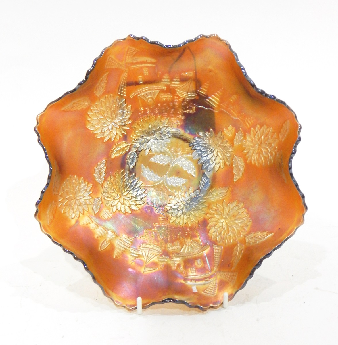 Carnival glass bowl in the 'Open Rose' pattern, 24cm diameter, a carnival glass bowl by Fenton, - Image 5 of 6