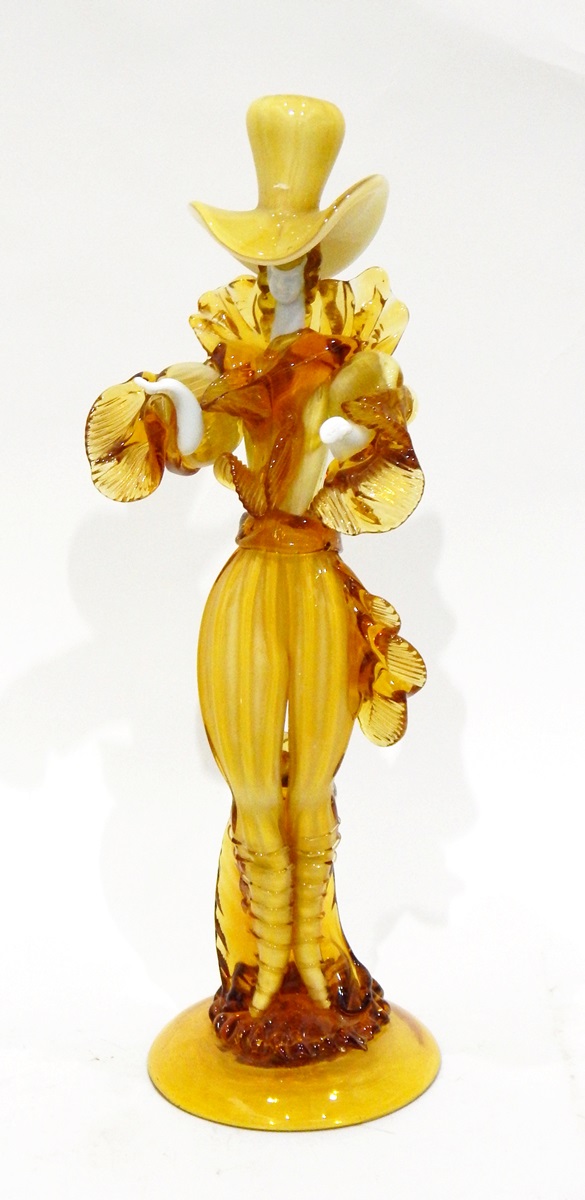Pair of Murano glass figures of a gentleman and lady in elaborate yellow costumes, - Image 3 of 4