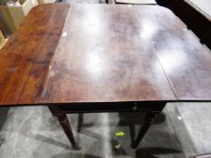 19th century mahogany pembroke table with frieze drawer, on ring turned tapering legs,