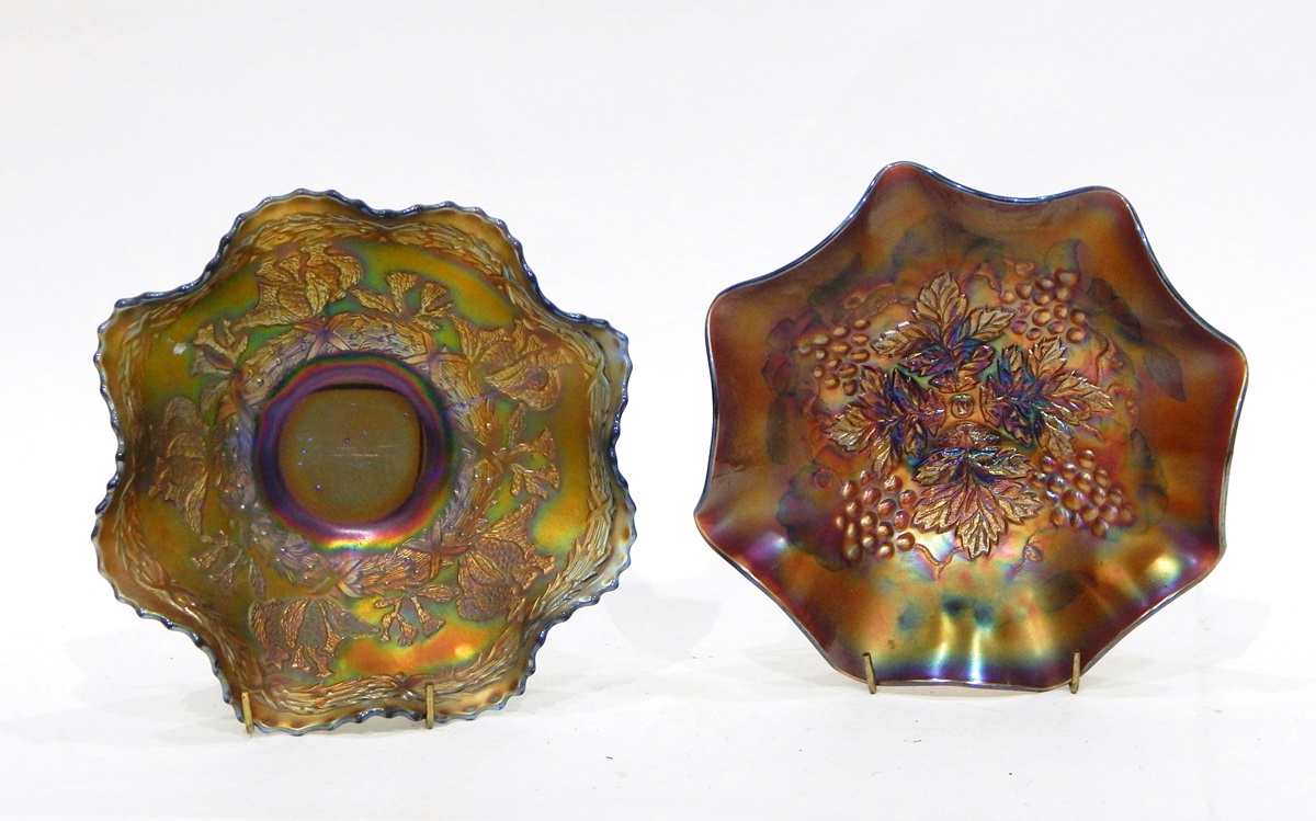 Two Northwood amethyst carnival glass dishes in the 'Three Fruit' pattern, - Image 3 of 5