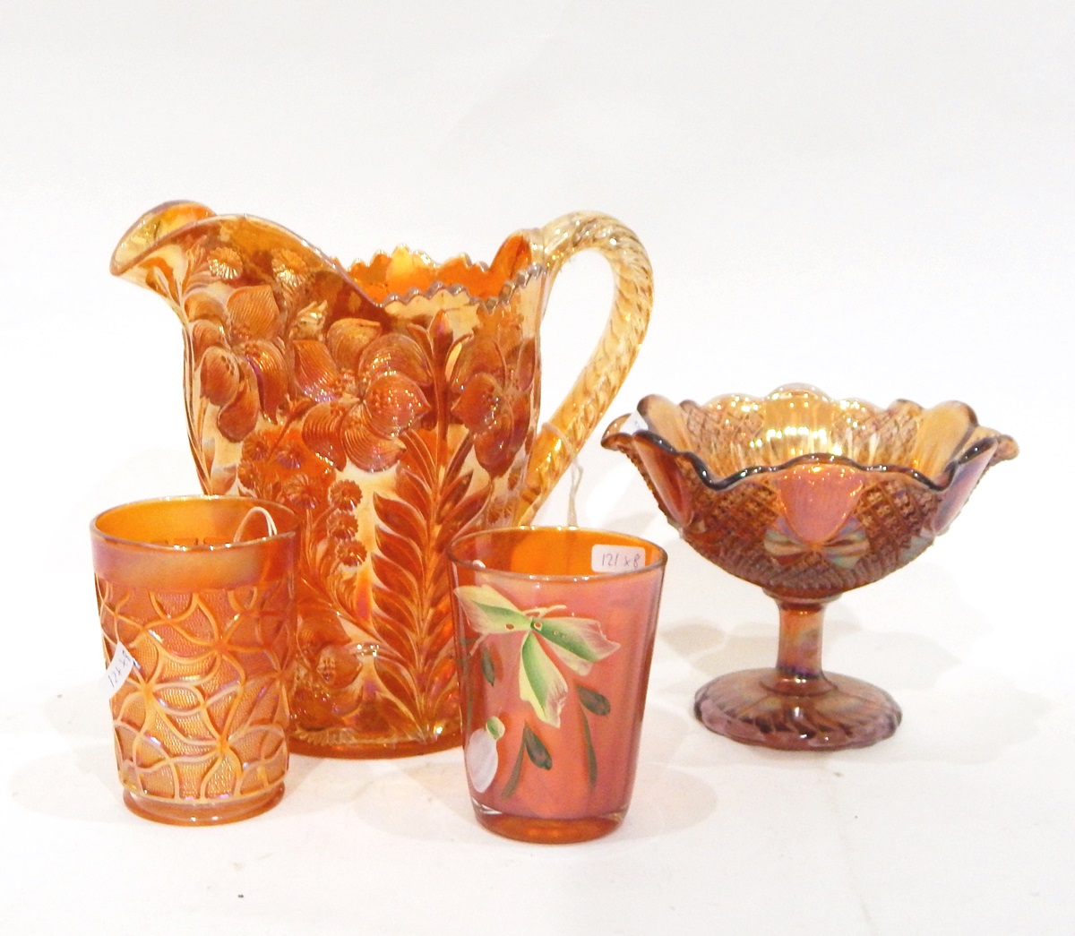 Marigold carnival glass set by Fenton, in the 'Butterfly and Berry' pattern, comprising jug, - Image 2 of 4