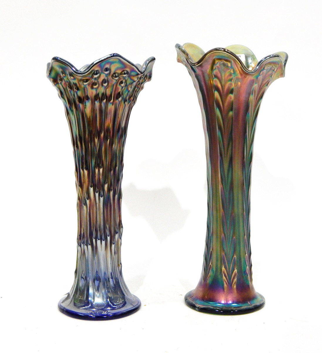 Two pairs of green tall ribbed carnival glass vases with flared rims, both 28cm high approx. - Image 2 of 4