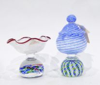 Glass jar and cover by John Deacons, the base with green and blue latticinio canes,