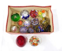 Quantity of glass paperweights, including millefiori examples, glass animals etc.