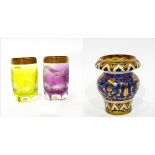 Pair of Moser coloured glass tumblers (one yellow, one purple),