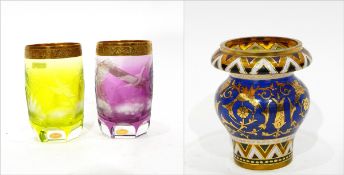 Pair of Moser coloured glass tumblers (one yellow, one purple),