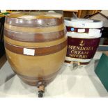 Spirit barrel marked 'Mendoza Cream Sherry' and a stoneware barrel (2)