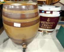 Spirit barrel marked 'Mendoza Cream Sherry' and a stoneware barrel (2)