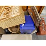 Folding picnic table, various baskets, two petty cash tins, filing cabinet, a picnic basket,