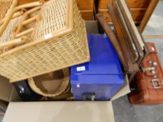 Folding picnic table, various baskets, two petty cash tins, filing cabinet, a picnic basket,